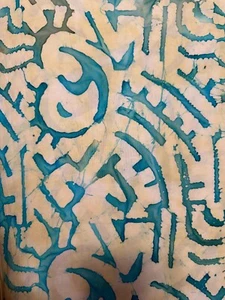 Batik Cotto Fabric Yellow Background with Turquoise and Green Design - 1 Yard - Picture 1 of 1