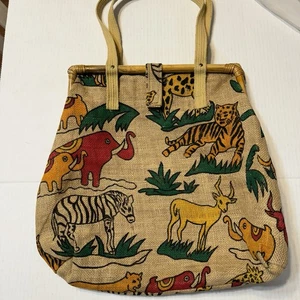 Handmade Safari Jungle Print Burlap Fabric Tote Bag/Purse With Bamboo Closure - Picture 1 of 6