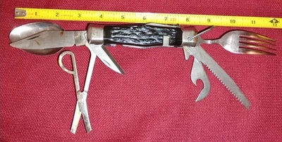 Vintage camping survival hobo knife multitool spoon fork saw, unbranded Japan VG - Image 1 of 4