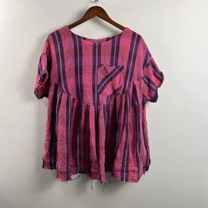 We the Free Moon City Kurzarm Damen S Oversize rosa kariert Milkmaid Tunika - Bild 1 von 5