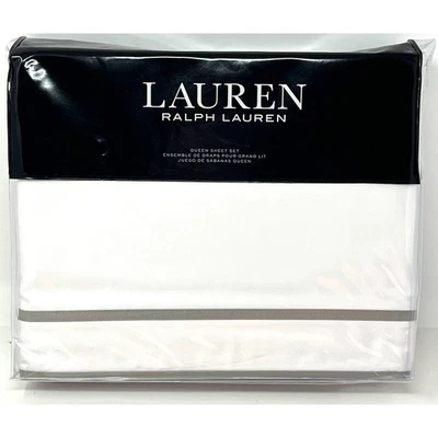 Ralph Lauren Spencer Border Sateen Queen Sheet Set White Grey Gray 4 Pcs. NIP - Image 1 of 4