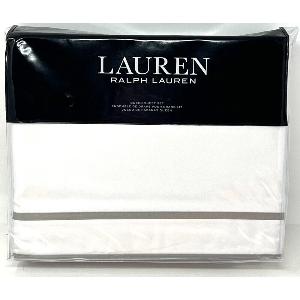 4-Pc Lauren Ralph Lauren Spencer Border Grey Queen Sheet Set 100 Cotton 300 TC