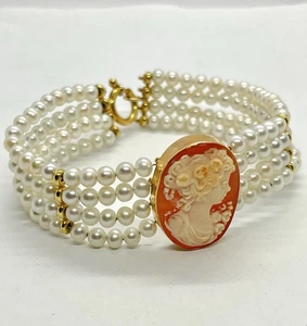 Armband aus 14kt Gelbgold mit Kamee Karneol 25 mm und Perlen 4 mm - Bild 1 von 7