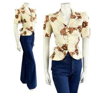 VTG 70S RICHARD SHOPS CREAM BROWN FLORAL ART DECO PEPLUM NOTCH LAPEL SHIRT 8 - Picture 1 of 10