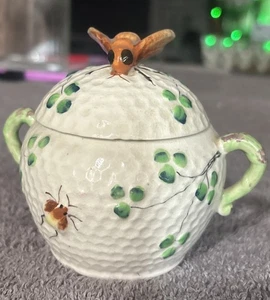 Vintage Japan Porcelain Bee Honeycomb Clover Sugar Jar With Lid - Picture 1 of 8