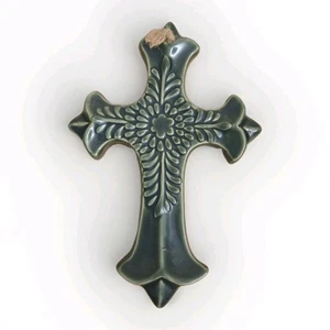 Decorative Glazed Ceramic Cross Carved Green Wall Hanging Religious 8" - Picture 1 of 5