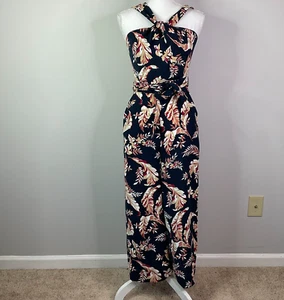 JOIE Jumpsuit Trenity Floral Halter Cropped Navy Blue Womens Size 0 Wide Leg - Picture 1 of 11