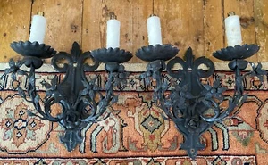 Vintage Pair Metal Floral Wall Sconce Black Candle Stick Style Double Arm - Picture 1 of 8