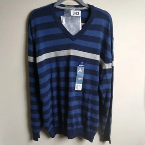 Basic Editions Sweater V Neck Mens Large Striped Blue Sweater NWT - Picture 1 of 12