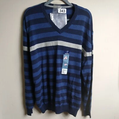 Suéter masculino Basic Editions gola V listrado azul grande novo com etiquetas - Imagem 1 de 4