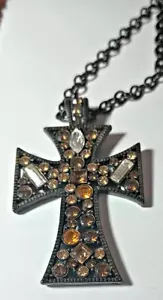VINTAGE ANTIQUE FRENCH HOLY CROSS ORAGE/CLEAR CRYSTALS BEADED 13 inch long chain - Picture 1 of 5