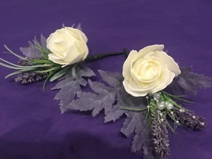 Wedding floral corsage - Set of 2 cream rose, blue lavender, lilac flock foliage - Picture 1 of 12
