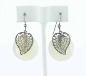 Sterling Silver Mother of Pearl with Sterling Leaf Earrings Dangle Drop Earrings - Picture 1 of 7