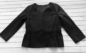 Theory jacket sz 8 cropped collarless black ruched waist cotton mix snap 3/4 Slv