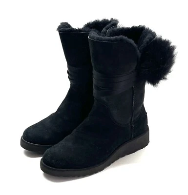 UGG Brita Mujer Negro Gamuza Lana Satén Encaje Piel de Oveja Pom Botines Talla 8 Foto 1 de 4