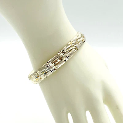 Bright Cut 925 Sterling Silver Cuff Bracelet Starburst Slash Cluster Design - Image 1 of 4
