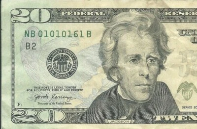 01010161 LOW SERIAL NUMBER , 20 DOLLAR NOTE REPEATER (01-01-01) - Image 1 of 3