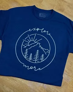 Explore More T-Shirt Navy with White Print Short Sleeve Camp Hike Sz MEDIUM - Picture 1 of 2
