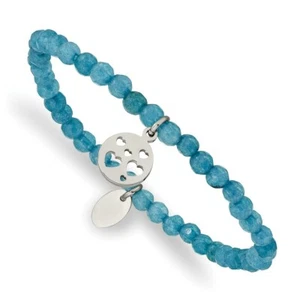 Stainless Steel Polished Hearts Blue Jade Beaded Stretch Bracelet - Picture 1 of 3