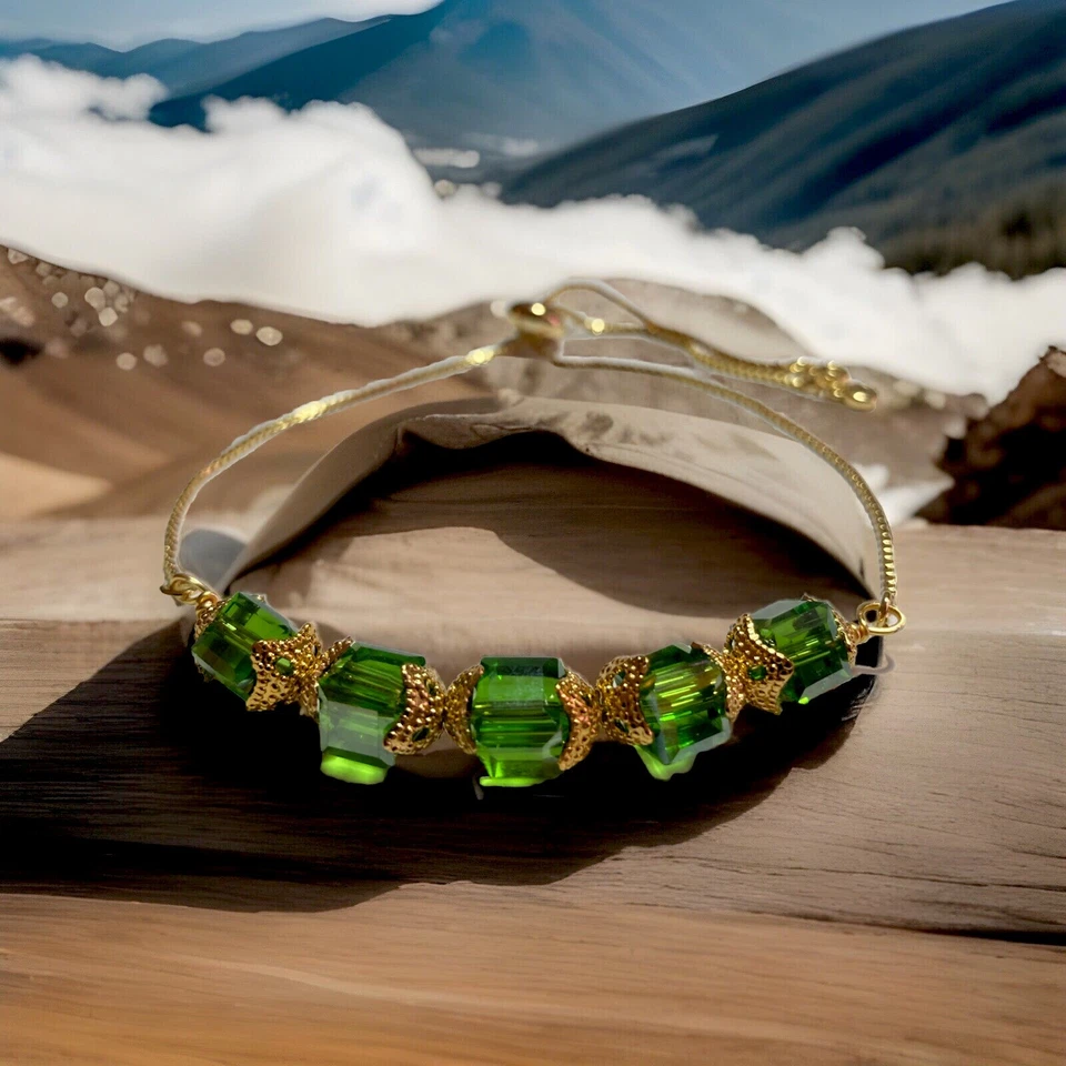 Swarovski Peridot AB 8 mm Cube Beads Adjustable Bracelet Gold Artisan Made USA - Image 1 of 1