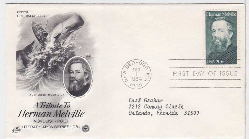 TurtlesTradingPost- Herman Melville- Moby Dick 1984 #2094 FDC Artcraft Variety - Image 1 of 1