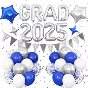 Graduation Decorations 2025 Blue Silver, GRAD 2025 Foil Balloon Banner with Roya - Picture 1 of 12