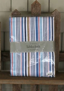 Tablecloth 60x84 inch Nautical Boat Stripe Coastal Decor Navy Blue White Tan Red - Picture 1 of 4