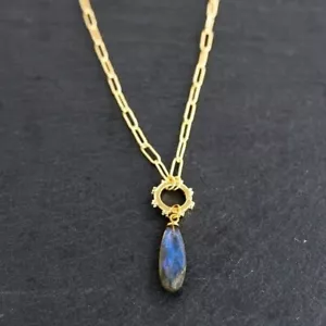 Necklace w/ removable Labradorite Pendant Gold Paperclip Chain PRETTY Necklace - Picture 1 of 16