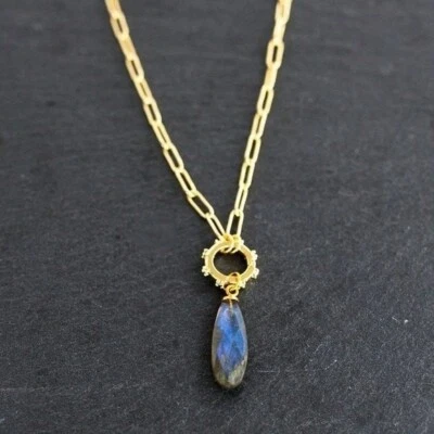 Necklace w/ removable Labradorite Pendant Gold Paperclip Chain PRETTY Necklace - Image 1 of 4