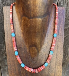 Heishi Sterling Silver Sleeping Beauty Turquoise Spiny Oyster Bead Necklace 18” - Picture 1 of 12