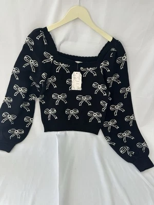 Sauce y Viento Nuevo Con Etiquetas Talla Grande Negro Sudadera Suéter con Patrón de Lazo Blanco Foto 1 de 4