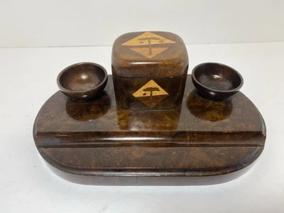 Tintero/juego de escritorio de madera Burl antiguo/vintage Foto 1 de 4