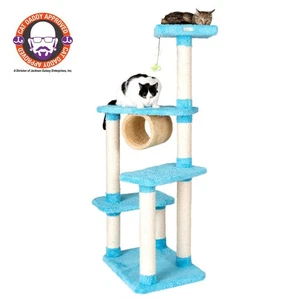 Real Wood Cat Climber, Cat Junggle Tree With Platforms,Skyblue - Picture 1 of 9