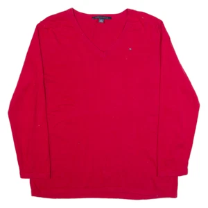 TOMMY HILFIGER Womens Jumper Red V-Neck Tight Knit XL - Picture 1 of 6