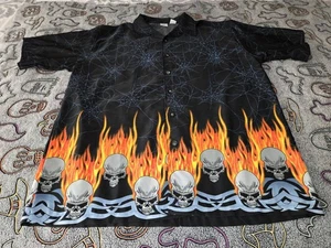 Anchor Blue Shirt - Button Down Y2K Shirt Flaming Skulls Vintage 2001 - Size XL - Picture 1 of 4
