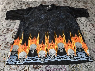 Anchor Blue Shirt - Button Down Y2K Shirt Flaming Skulls Vintage 2001 - Size XL - Image 1 of 4