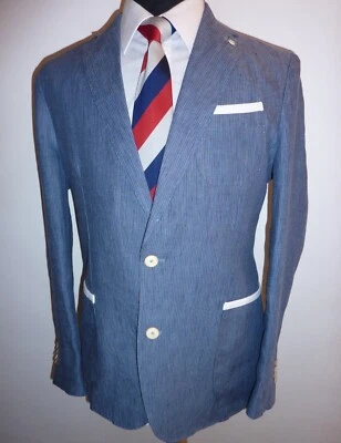Boating Blazer Mango Blue Stripe 42 Slim Linen Rowing Regatta Jacket Sport Coat - Image 1 of 4