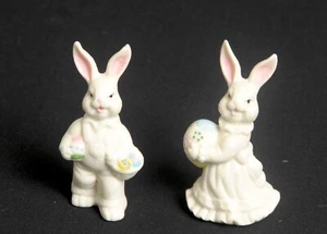 Porcelain Easter Rabbit Bunny Pair Couple Male Female Painted Eggs Basket - Picture 1 of 5