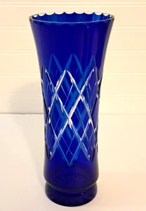 Vintage Russian Badash Vase Cobalt Blue Cut to Clear Crystal Glass 10 inch - Picture 1 of 22