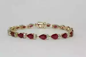 9Ct Pear Cut Ruby & Diamond 14K Yellow Gold Plated Tennis Bracelet for Womens - Picture 1 of 6