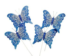 12PC 4" Royal Blue + Silver Glitter Feather Butterflies Craft DIY Cake Topper