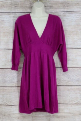 Y2K Express Womens Sz Medium Knit V-Neck 3/4 Sleeve Short Sweater Dress Fuchsia - Image 1 of 4