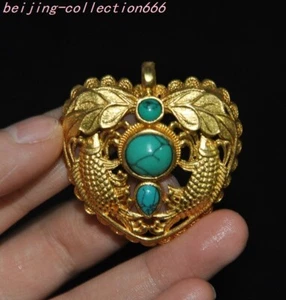 2" China bronze 24k gold gilt set Turquoise fish Goldfish Exorcism amulet statue - Picture 1 of 6