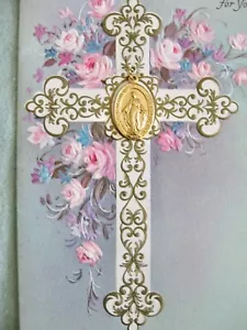 Vintage Miraculous Medal Blessed Virgin Get Well Greeting Card w/Medal UNUSED - Picture 1 of 12
