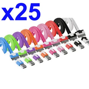 25x 6ft Flat Noodle 30 Pin Sync Cable Charger Cord Data for iPhone 4 4S 3GS iPod - Picture 1 of 10