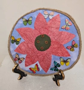 Wood butterflies primitive rustic textured paper flower twine wrapped disc easel - Picture 1 of 3
