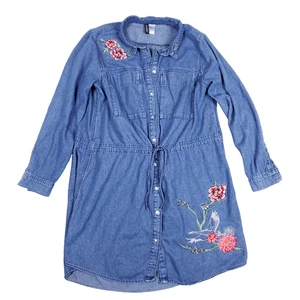 H&M Divided Chambray Shirt Dress Size 14 Blue Embroidered Cottagecore - Picture 1 of 8