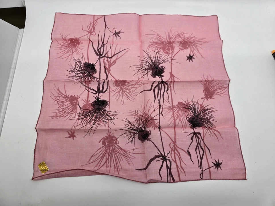 Pink Thistle Jeanne Miller Design Kimball Hankie Handkerchief Linen Kimball 15" - Image 1 of 4