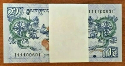 BHUTAN 1 NGULTRUM P-27 2013 X 100 Pcs Lot FULL BUNDLE DRAGON UNC MONEY BANK NOTE - Image 1 of 4