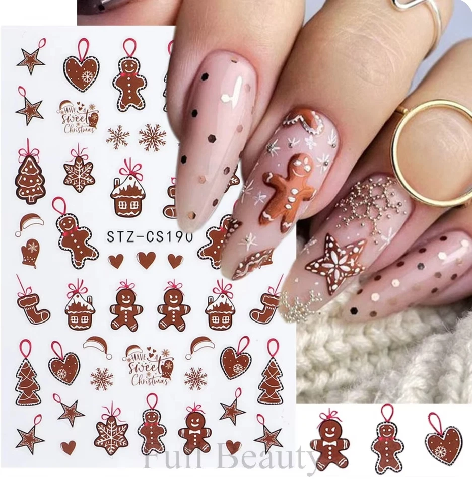 MARKENLOS 3D Nagel Sticker Nail Art Lebkuchen Weihnachten Xmas Selbstklebend Aufkleber